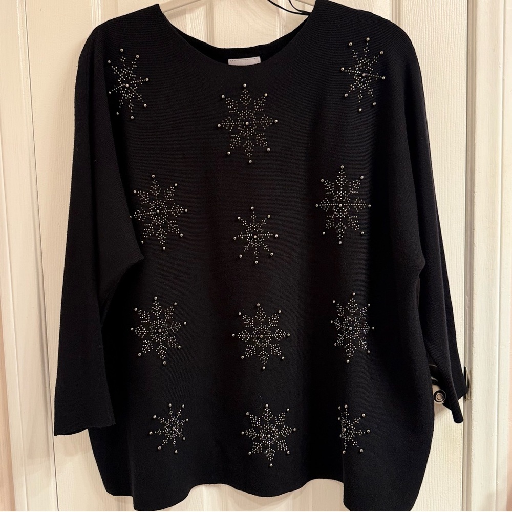 LIV Milano Women’s Black Snowflake Embellished Sweater Round Neck Size 3X EUC